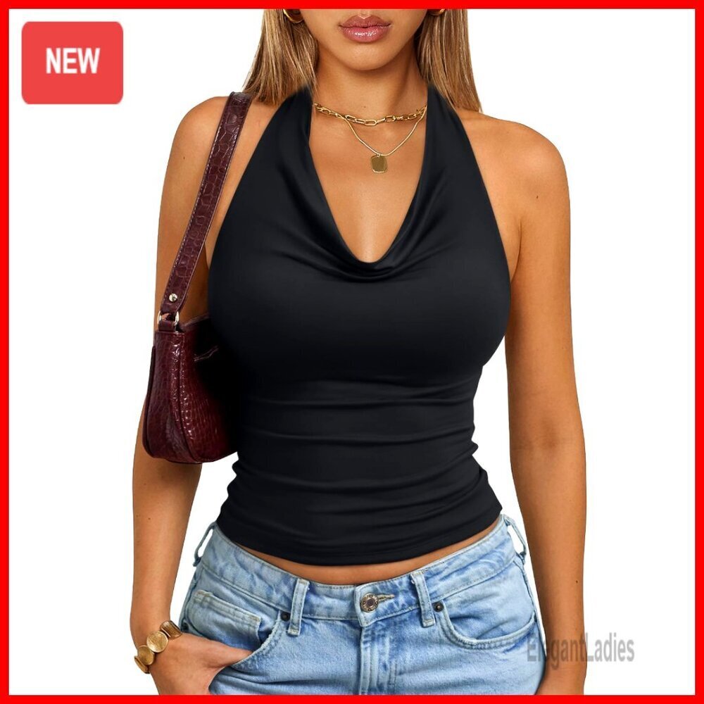 Sleeveless Halter Top Backless Cowl Neck Y2K Stretch Tank